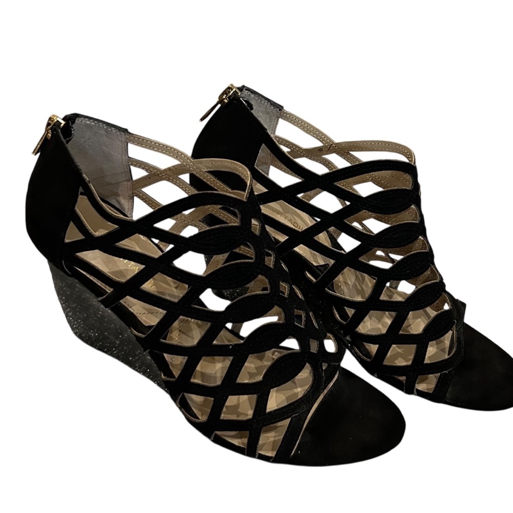 Adrienne Vittadini Black Cage Wedge Sandals